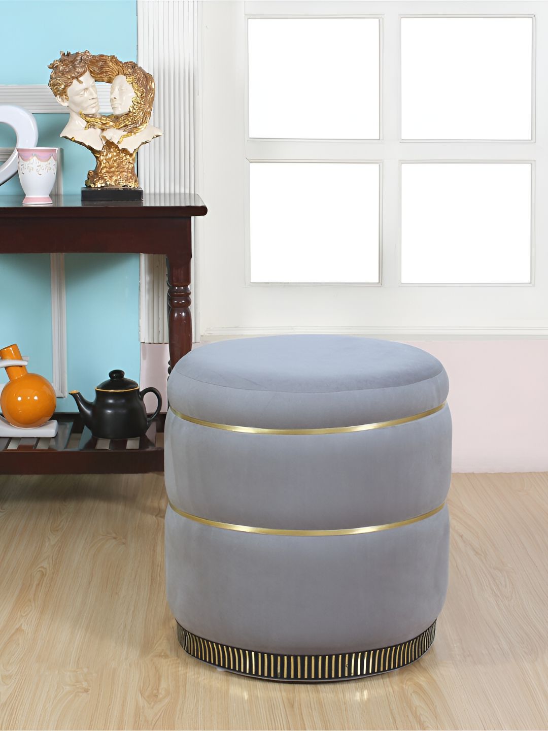 Shadowkart Grey & Beige Round Wooden Ottomans-picture-26