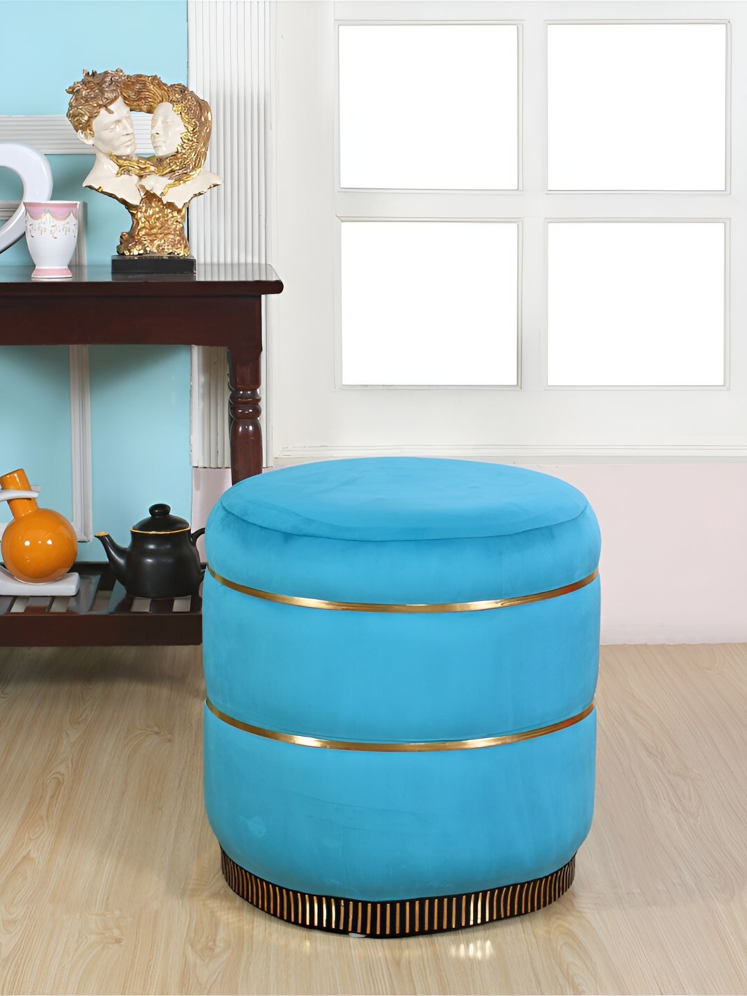 Shadowkart Blue & Beige Round Wooden Ottomans-picture-31