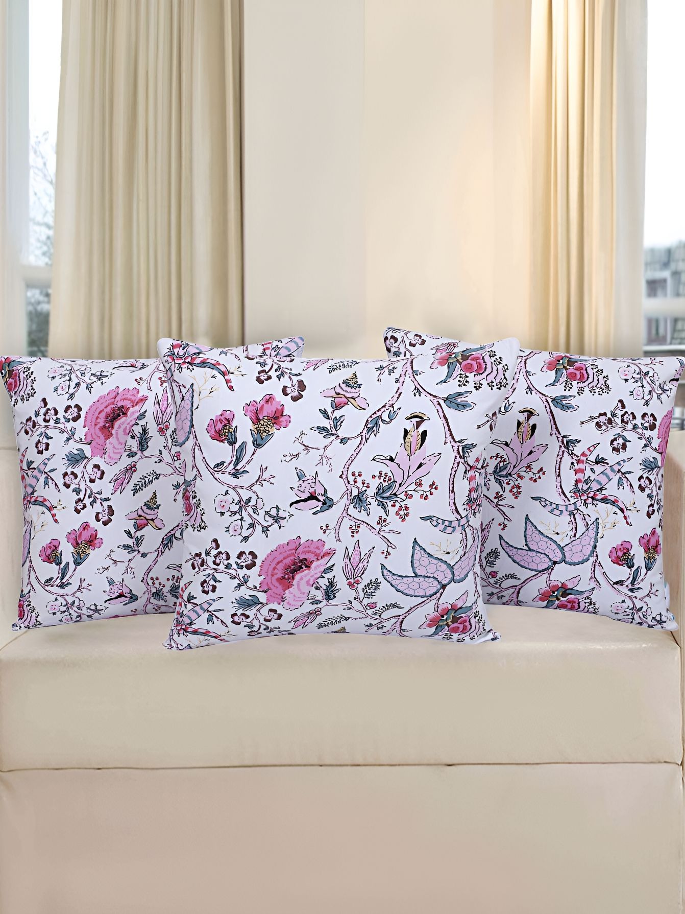 Texstylers Pink 3 Pieces Printed Cotton Square Reversible Cushion Covers-picture-39