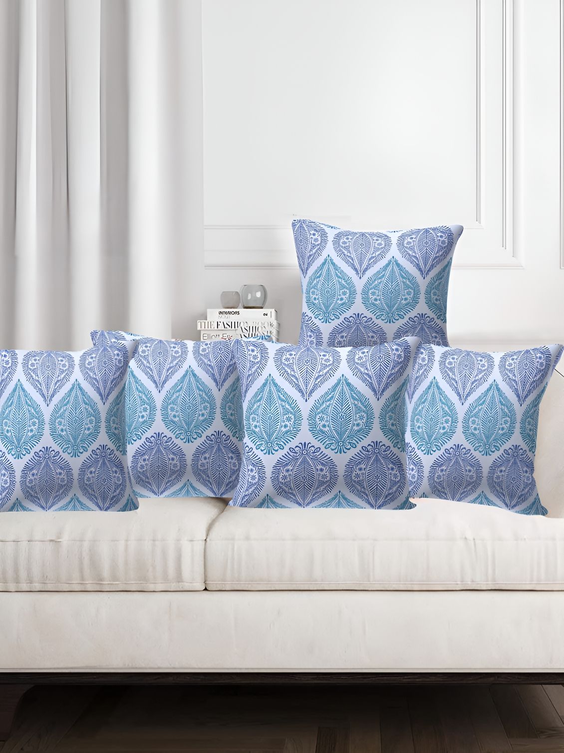 Texstylers Blue 5 Pieces Printed Cotton Square Reversible Cushion Covers-picture-22