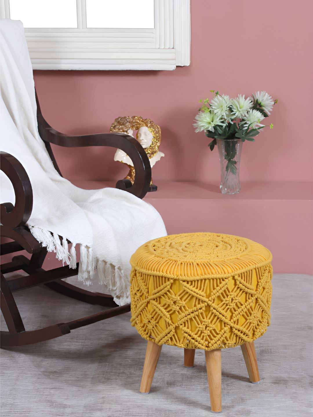 Shadowkart Yellow & Beige Round Wooden Ottomans-picture-23
