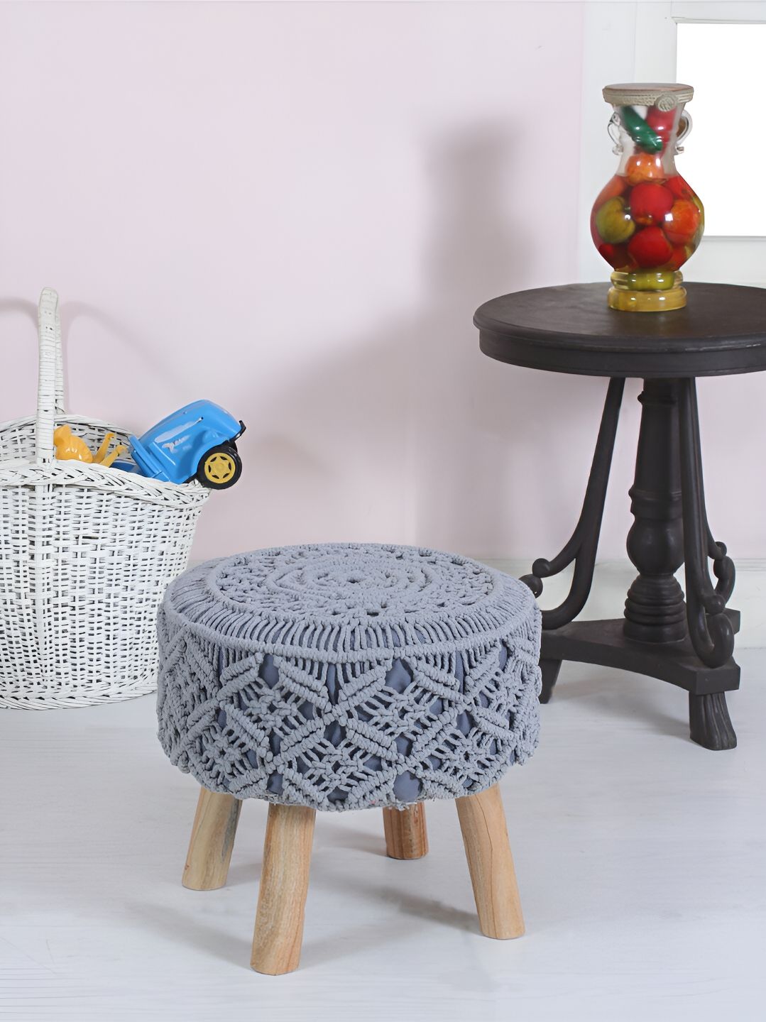 Shadowkart Grey & Beige Velvet Round Ottomans-picture-27