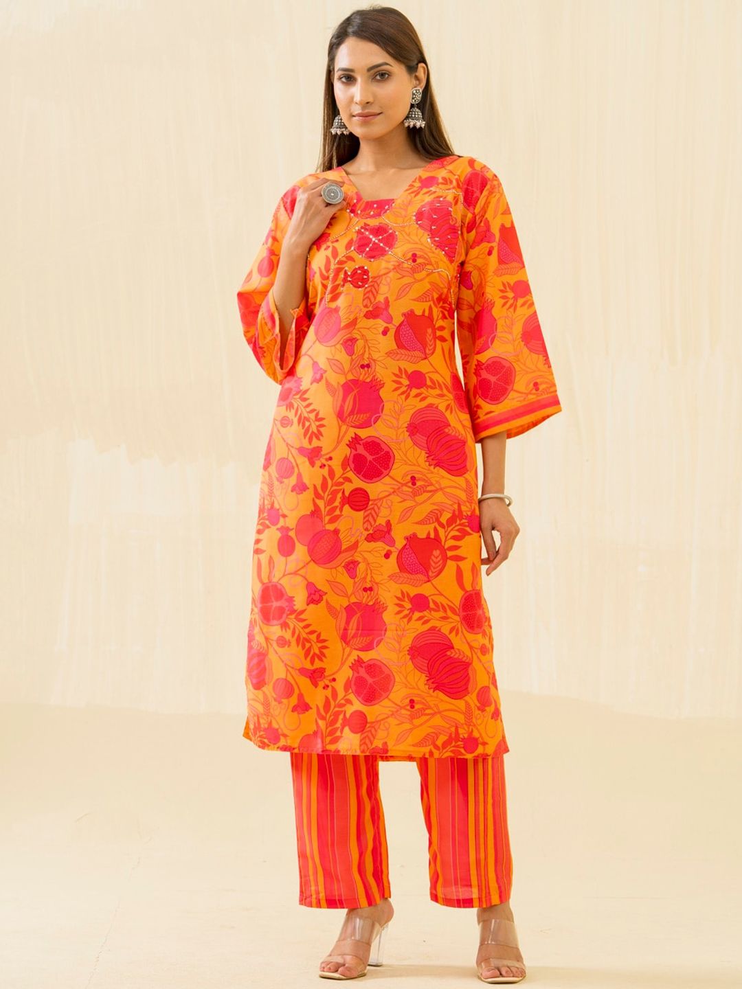 Sangria Yellow Floral Printed Sequinned Square Neck Flared Sleeves Kurta With Trousers-image-49