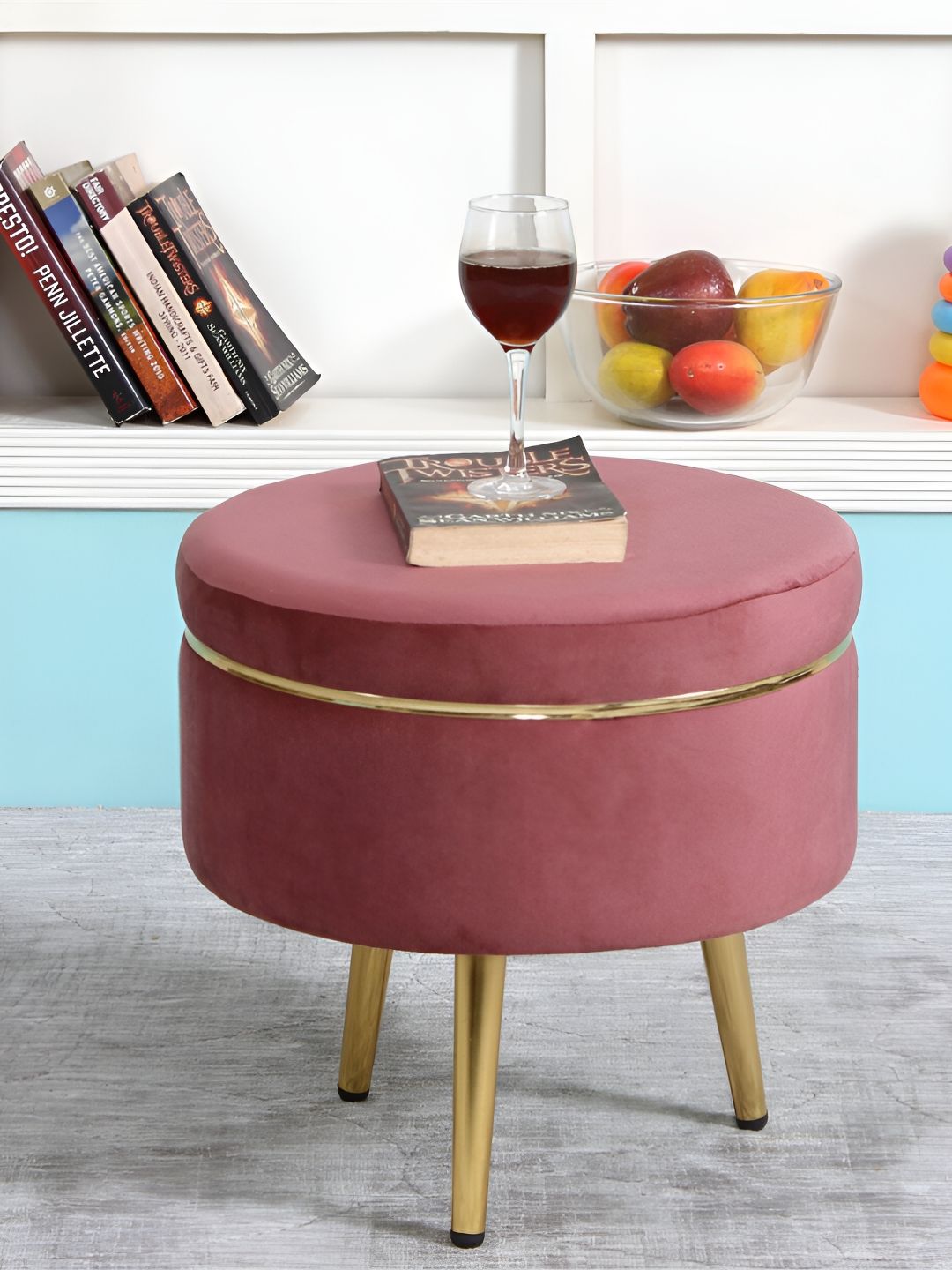 Shadowkart Pink & Beige Velvet Round Ottomans-picture-25