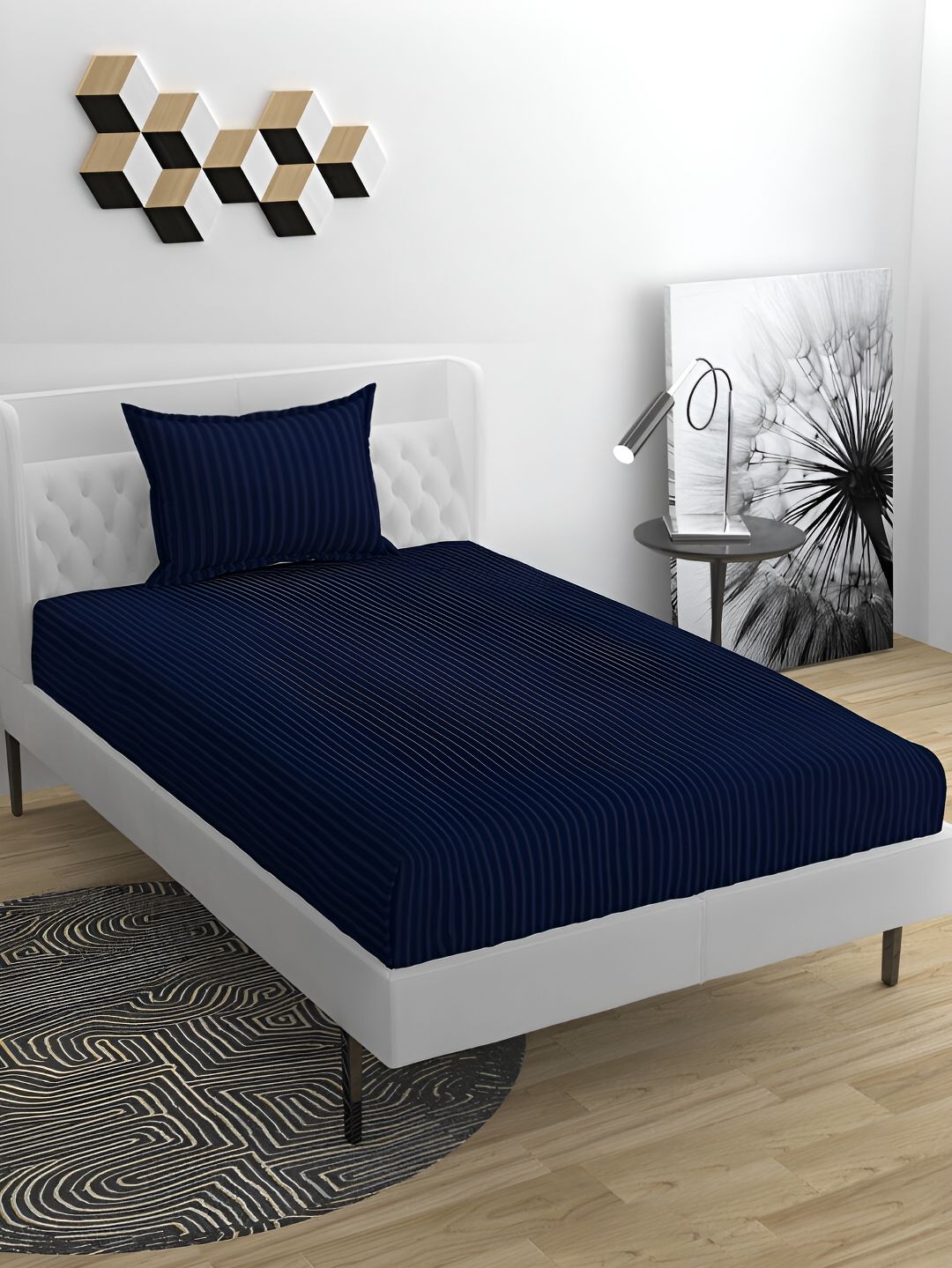 Bromwick Navy Blue & Grey Striped Cotton 210 TC Single Bedsheet with 1 Pillow Cover-image-37