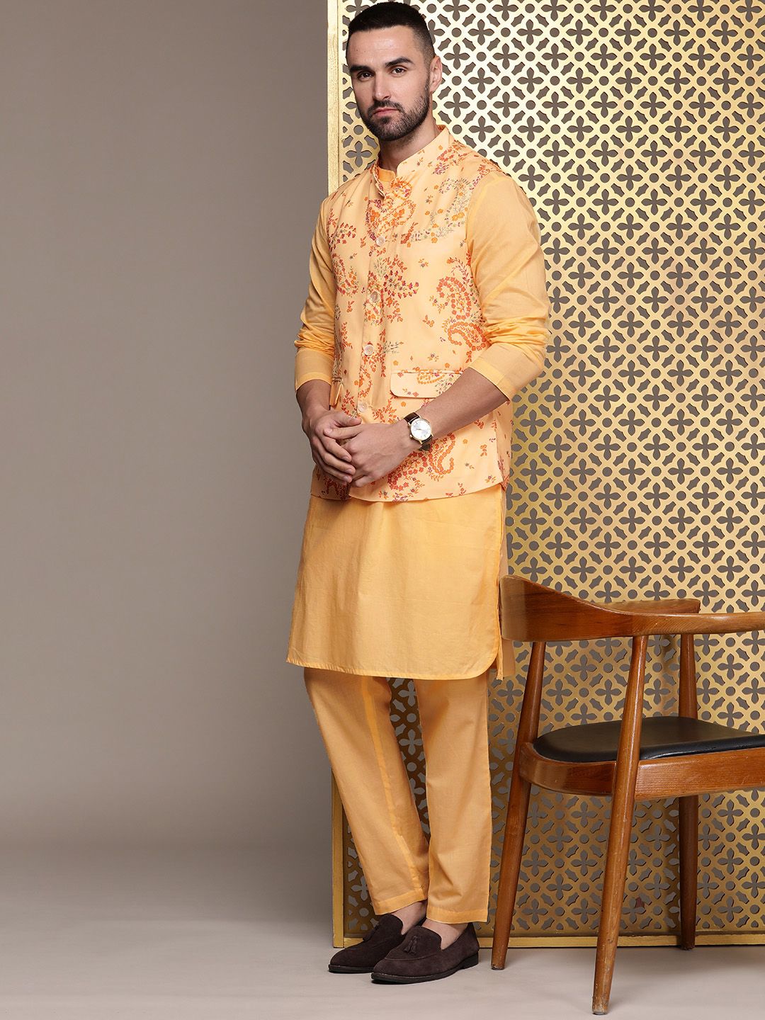 House of Pataudi Solid Pure Cotton Jashn Kurta with Trousers & Printed Nehru Jacket