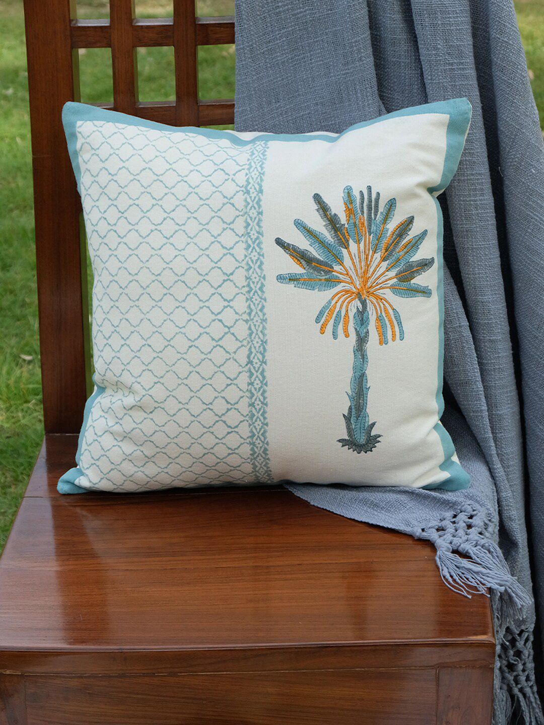 DESIGN GAATHA Cream-Coloured & Blue Palm Block Printed Cotton Square Cushion Cover-picture-22