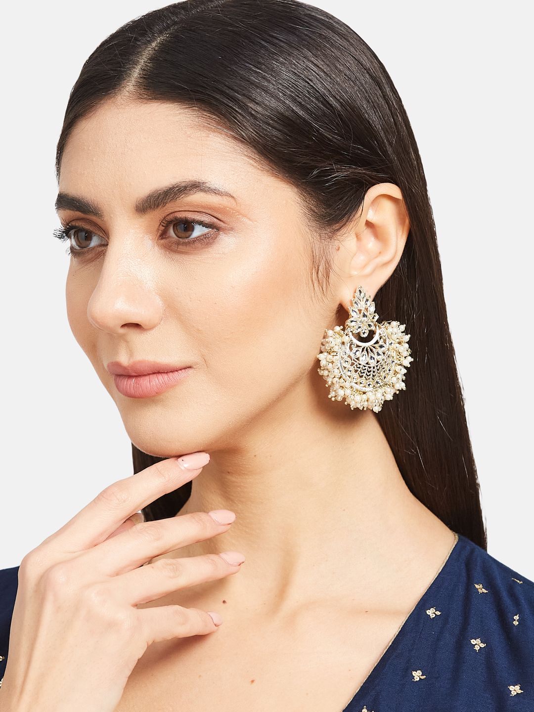 ATIBELLE Gold-Plated Kundan Studded Crescent Shaped Chandbalis