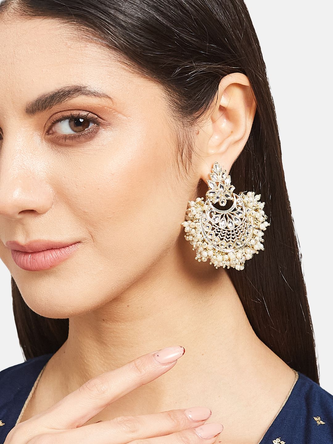 ATIBELLE Gold-Plated Kundan Studded Crescent Shaped Chandbalis