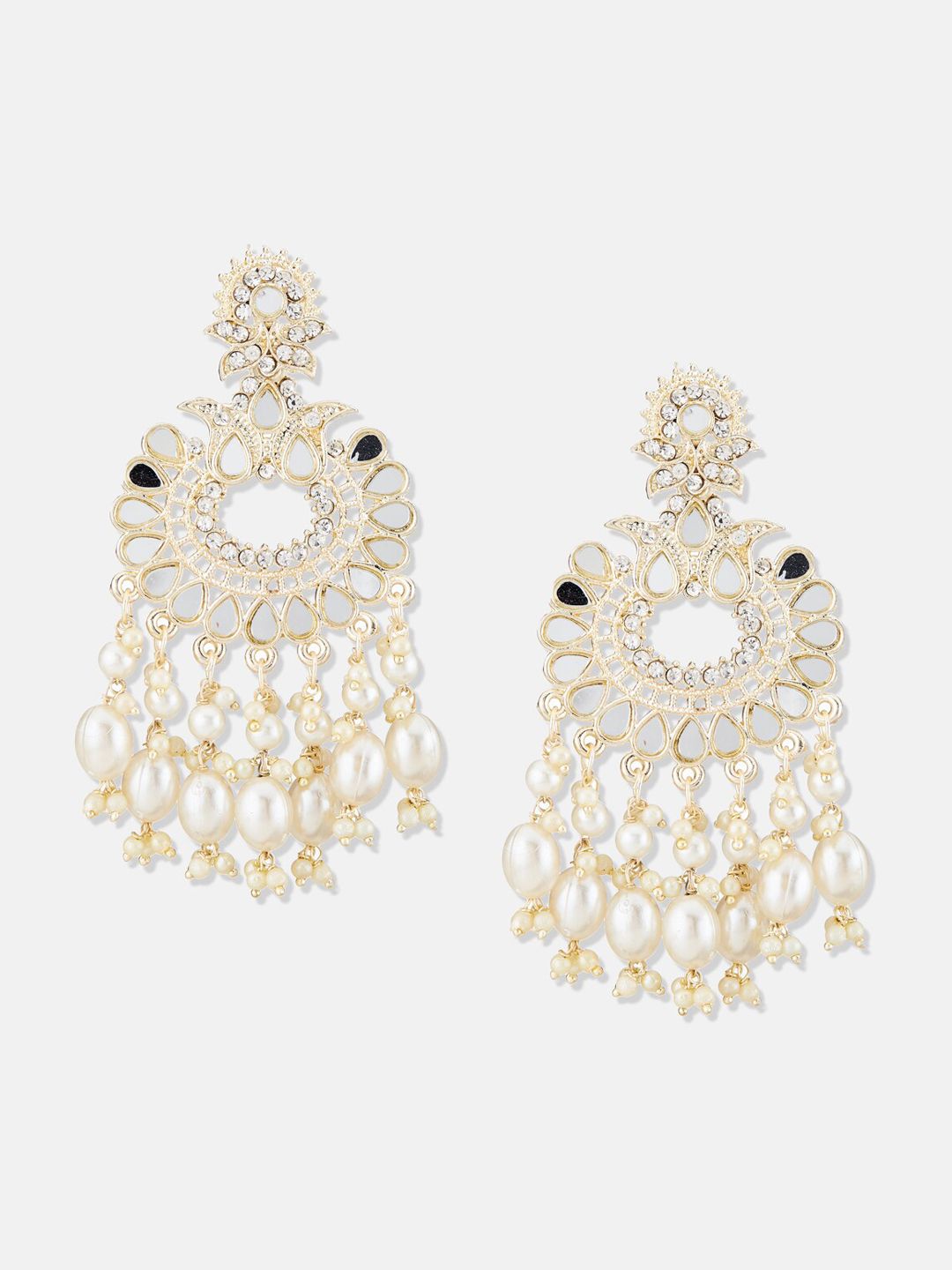 ATIBELLE Gold-Plated Stones Studded & Pearls Beaded Contemporary Drop Earrings