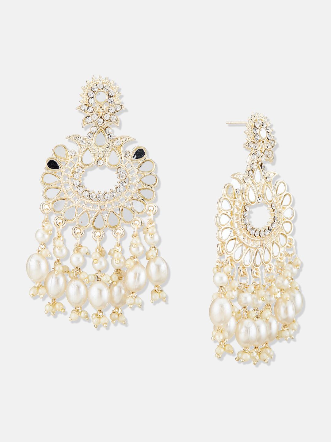 ATIBELLE Gold-Plated Stones Studded & Pearls Beaded Contemporary Drop Earrings
