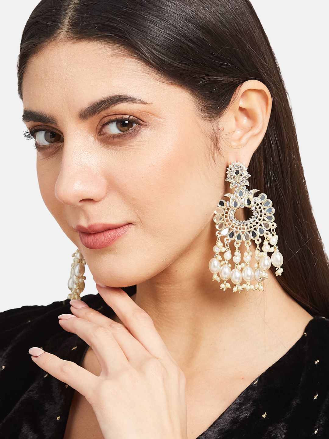 ATIBELLE Gold-Plated Stones Studded & Pearls Beaded Contemporary Drop Earrings