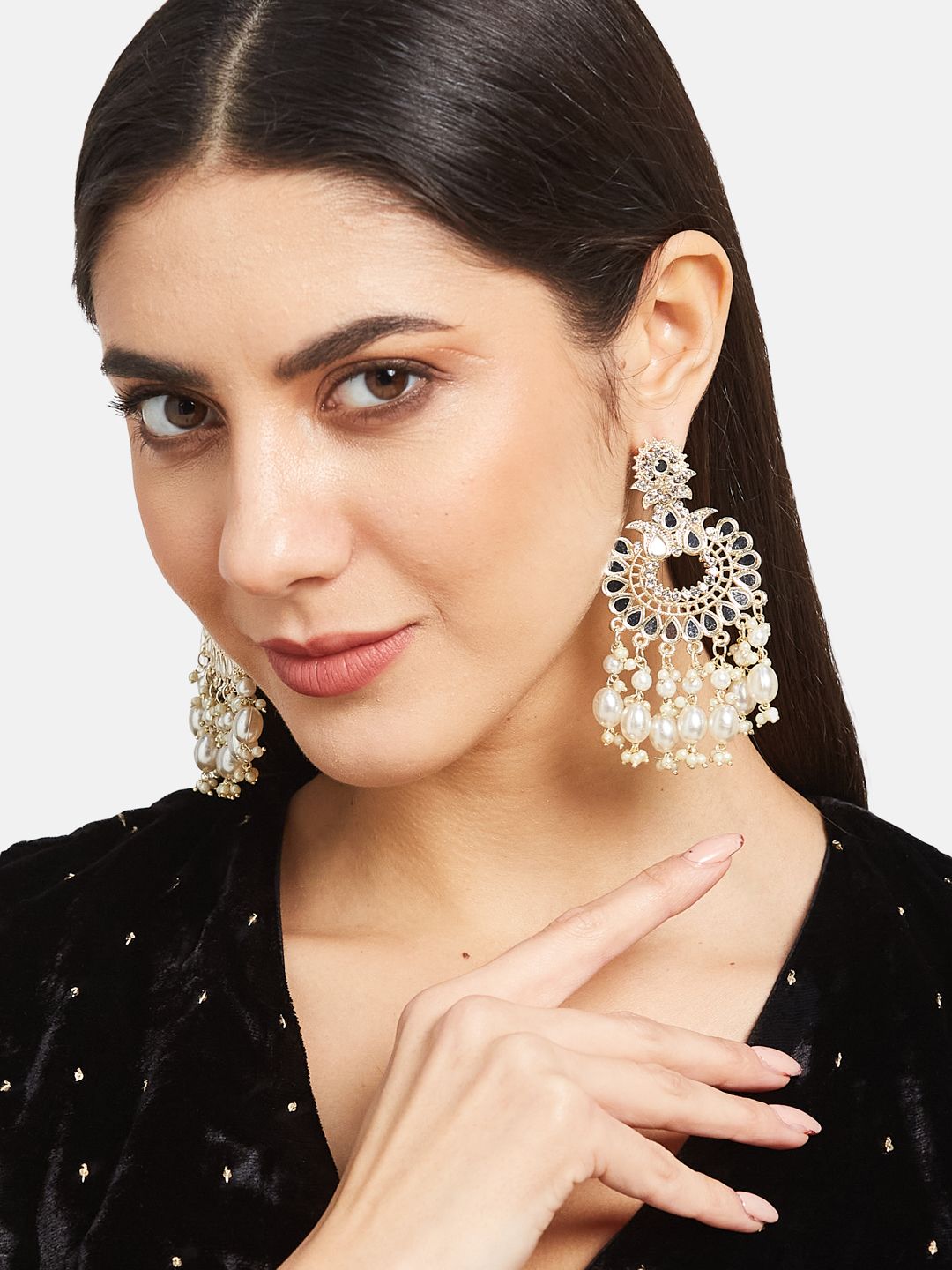 ATIBELLE Gold-Plated Stones Studded & Pearls Beaded Contemporary Drop Earrings
