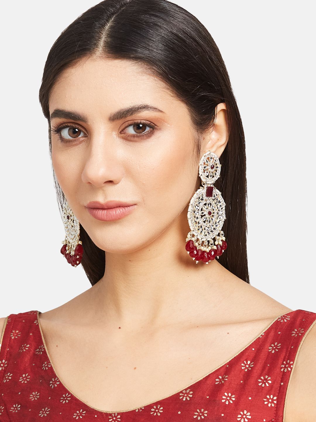 ATIBELLE Gold-Plated Stone Studded & Beaded Chandbalis