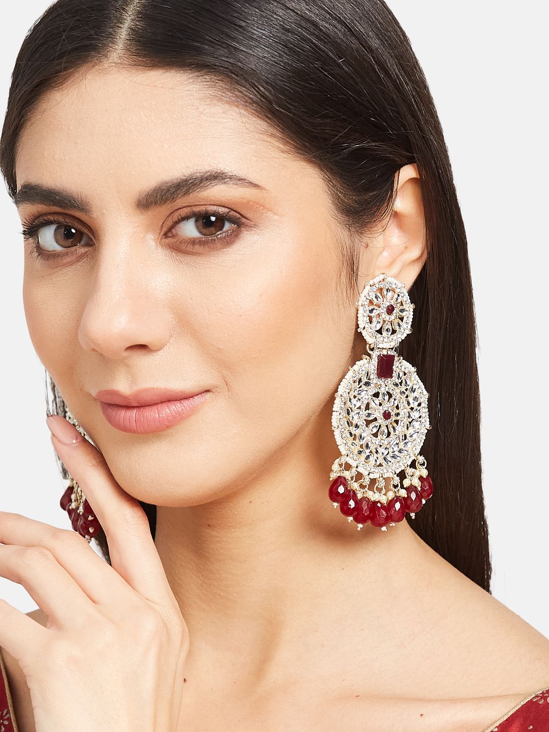 ATIBELLE Gold-Plated Stone Studded & Beaded Chandbalis