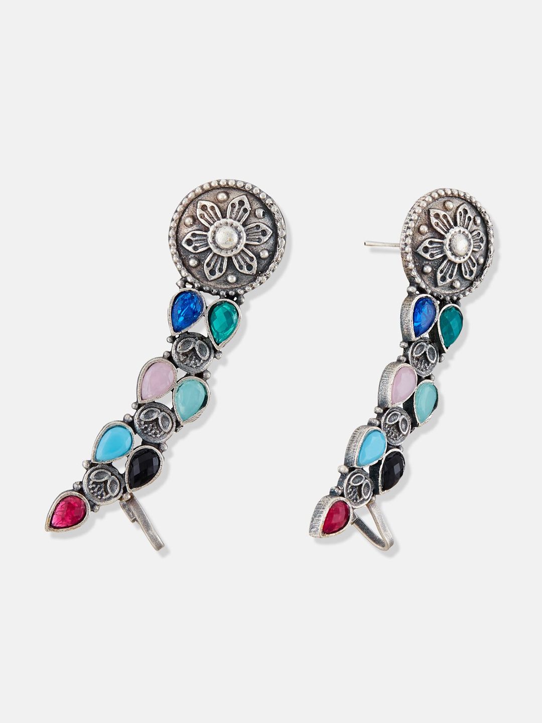 ATIBELLE German Silver-Plated Oxidised Stones-Studded Ear Cuff