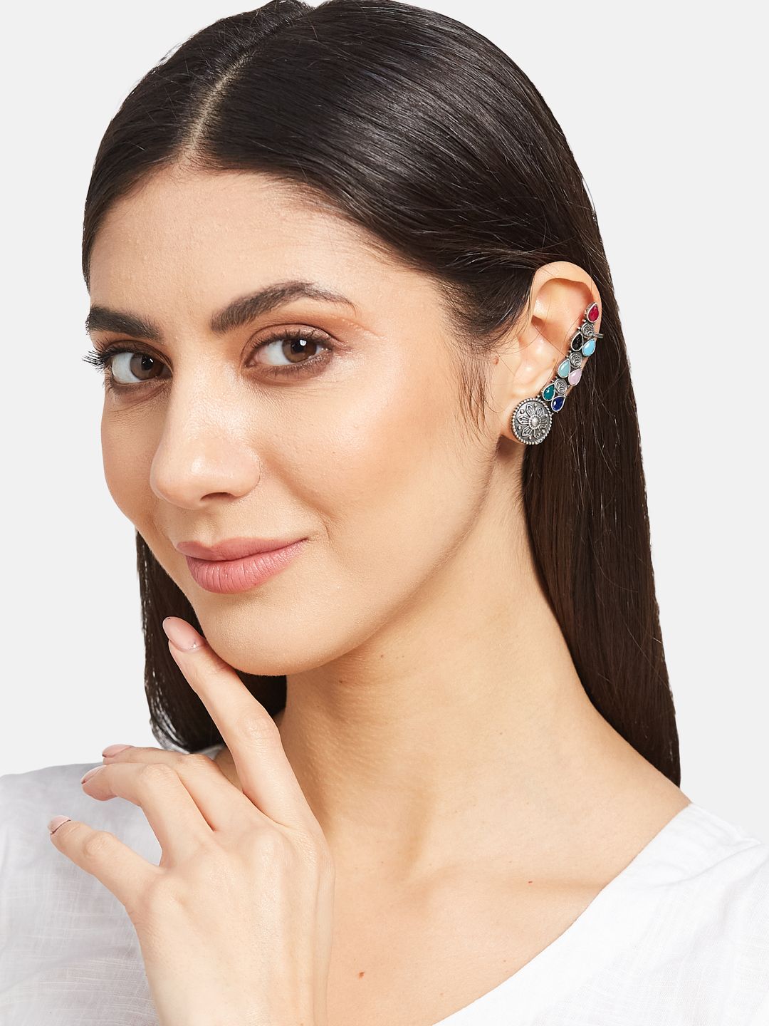 ATIBELLE German Silver-Plated Oxidised Stones-Studded Ear Cuff