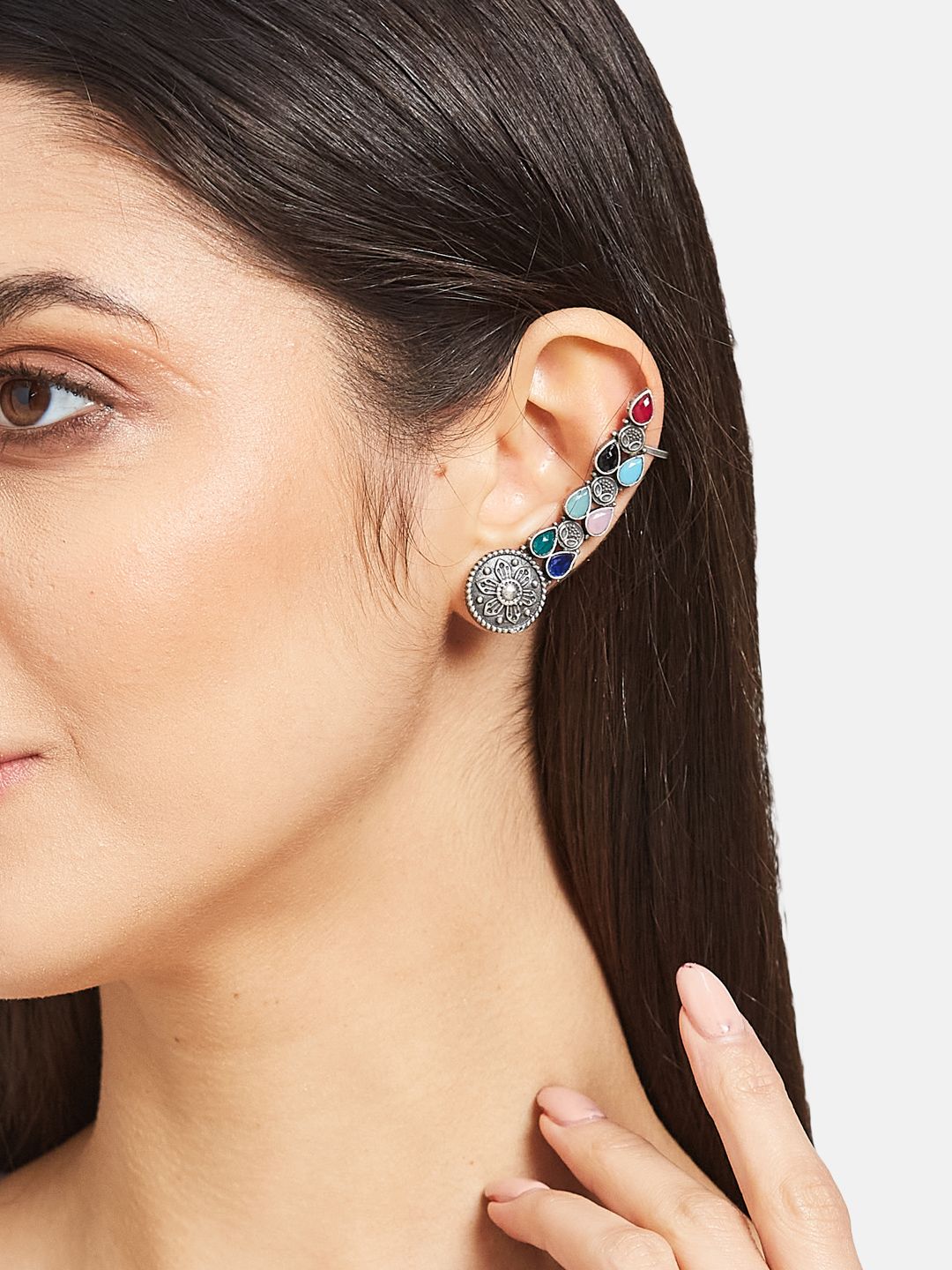 ATIBELLE German Silver-Plated Oxidised Stones-Studded Ear Cuff