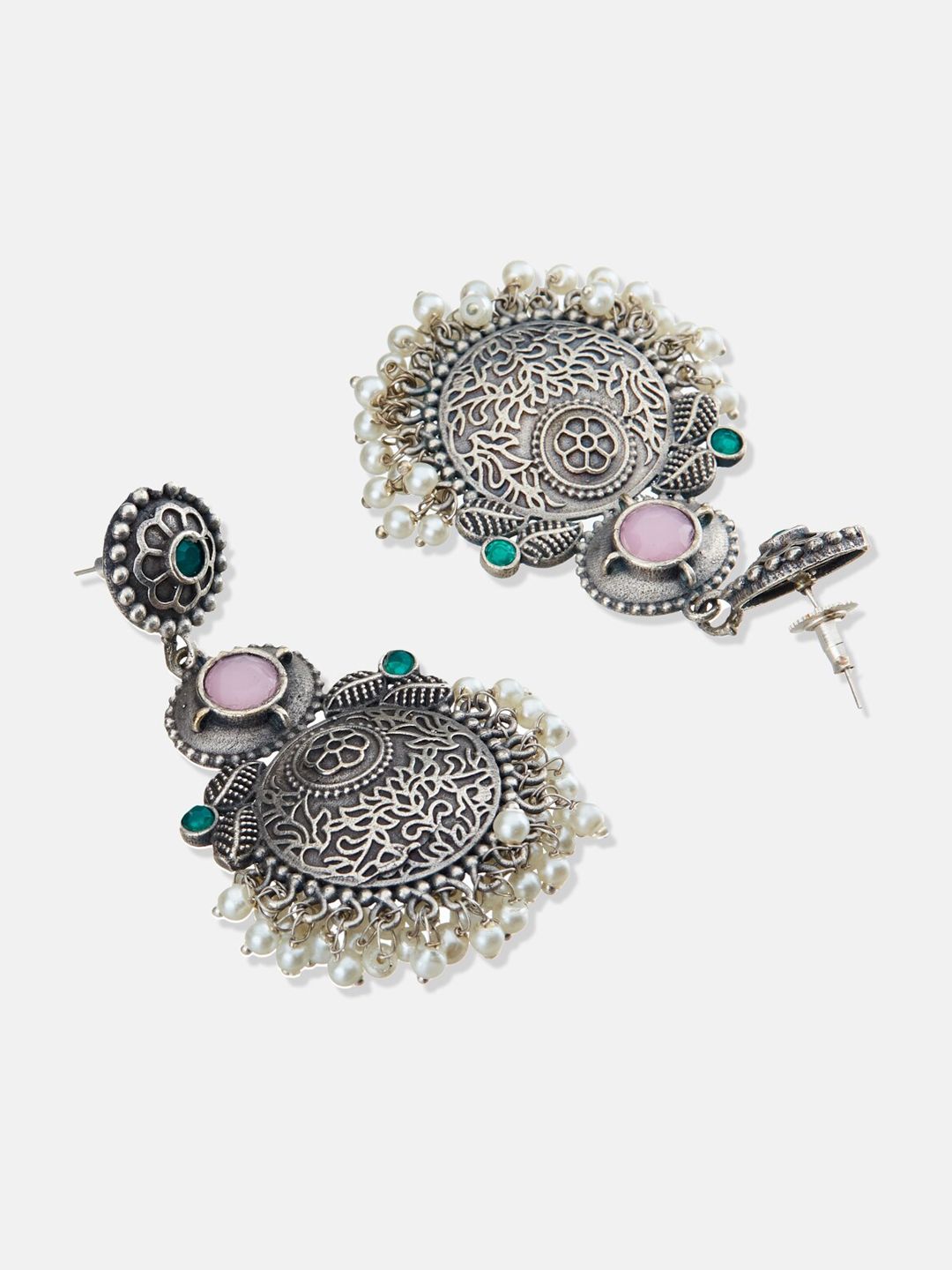 ATIBELLE German Silver-Plated Oxidised Stones-Studded Chandbalis