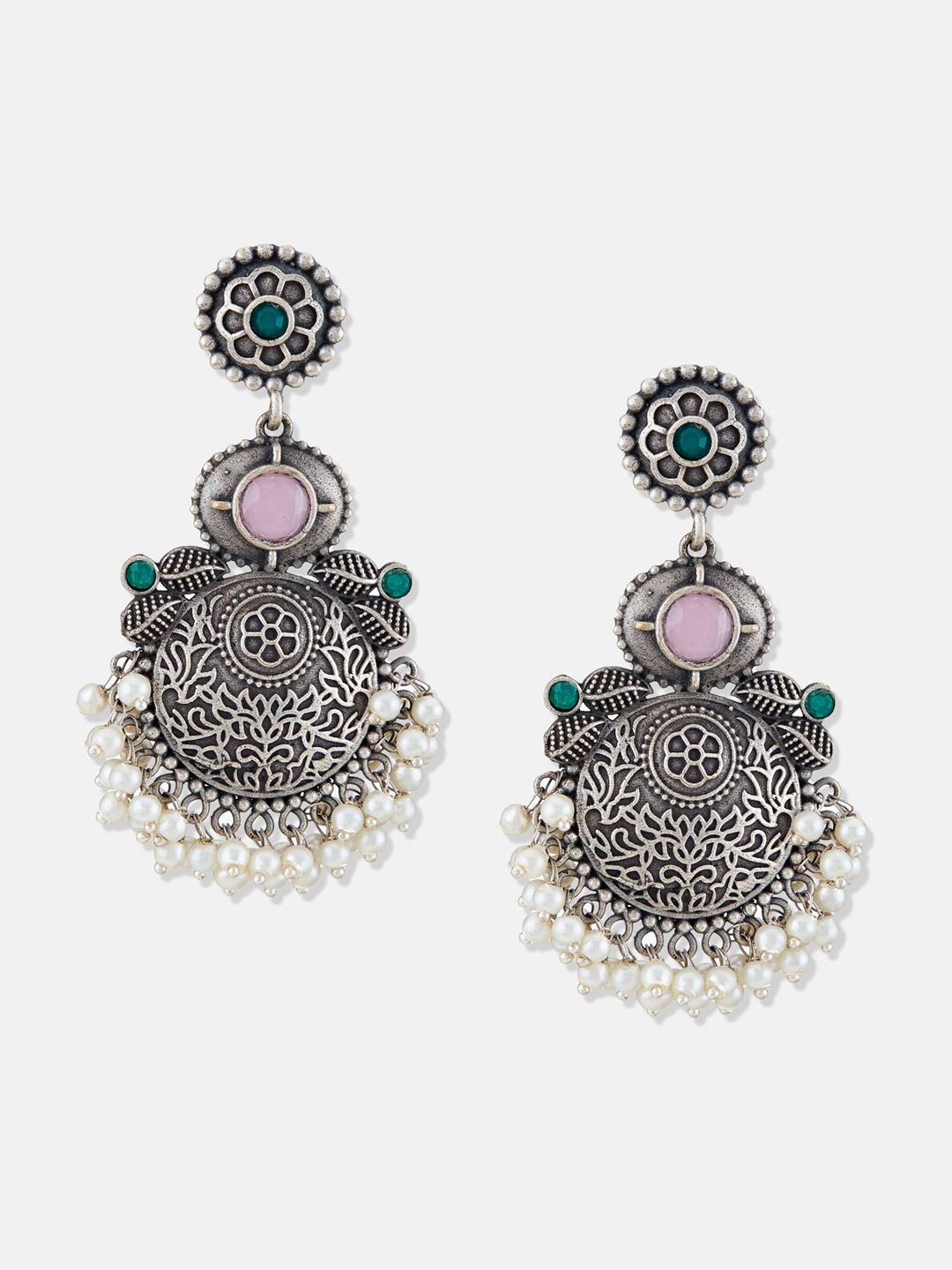ATIBELLE German Silver-Plated Oxidised Stones-Studded Chandbalis