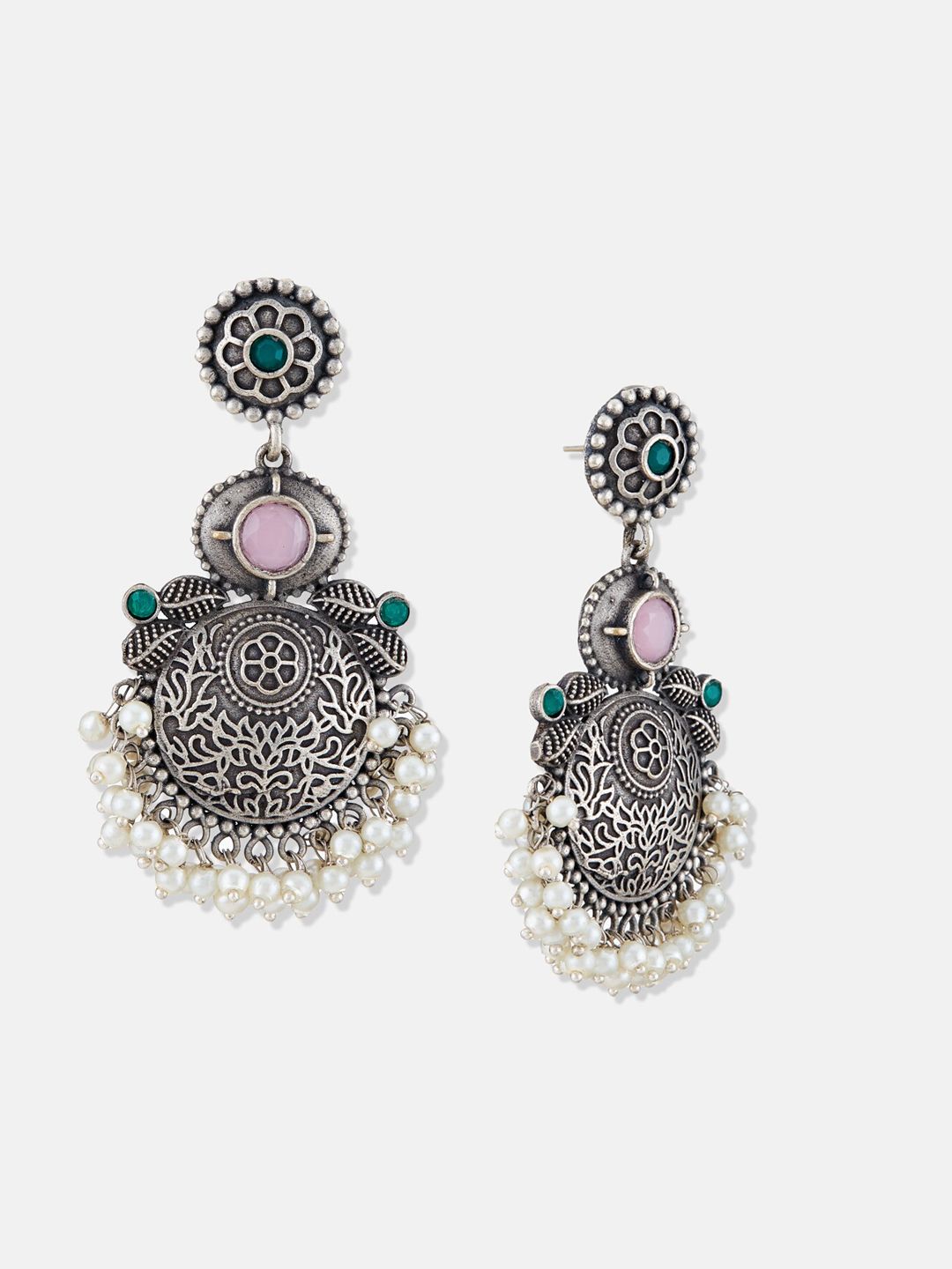 ATIBELLE German Silver-Plated Oxidised Stones-Studded Chandbalis