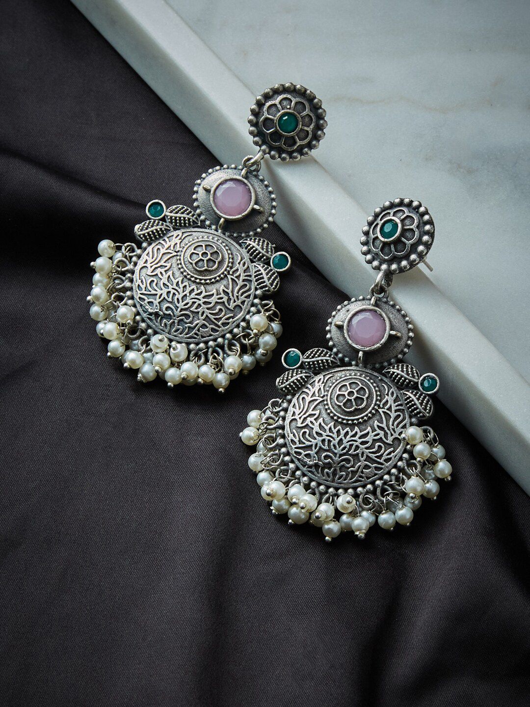 ATIBELLE German Silver-Plated Oxidised Stones-Studded Chandbalis