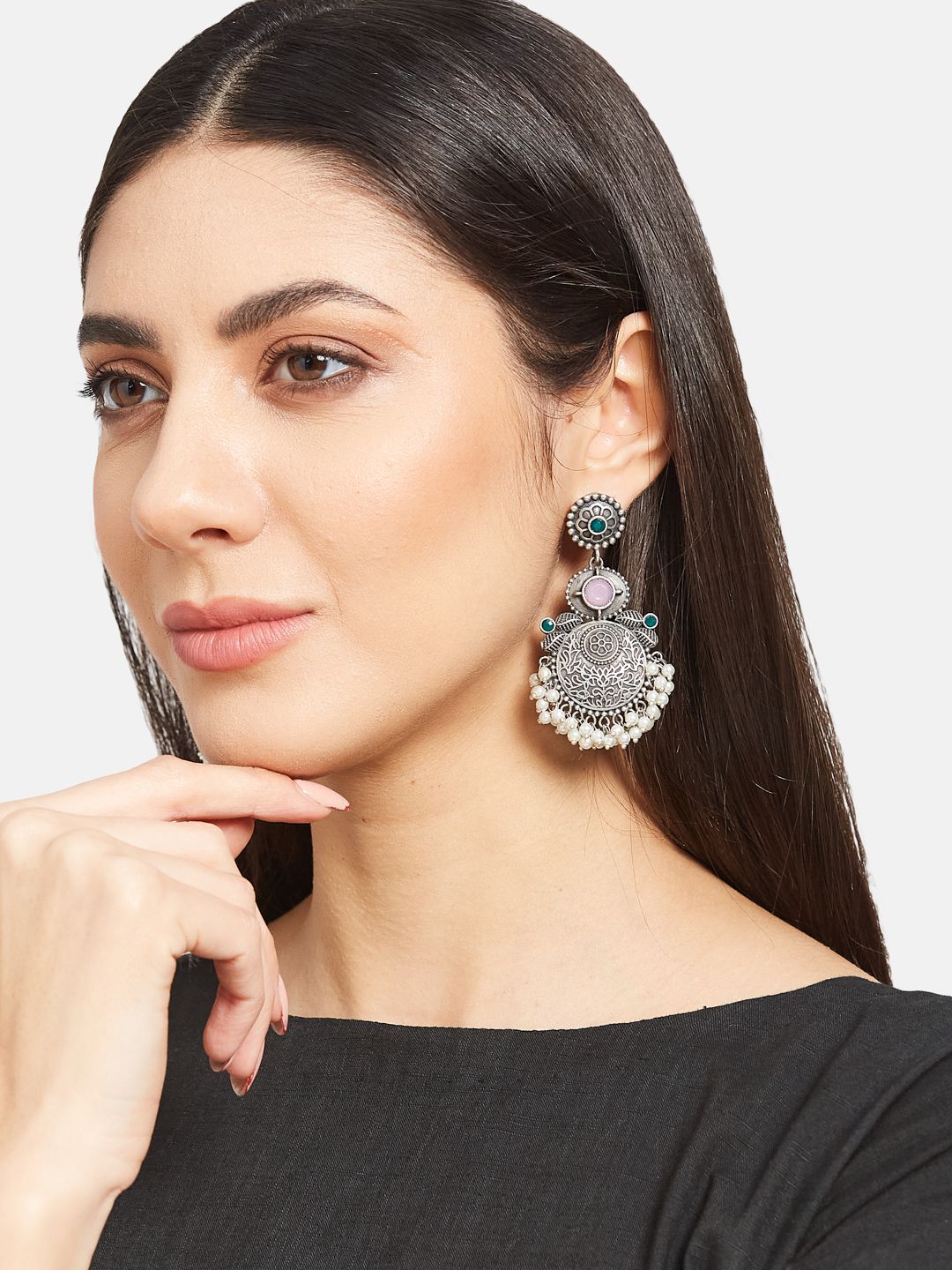 ATIBELLE German Silver-Plated Oxidised Stones-Studded Chandbalis