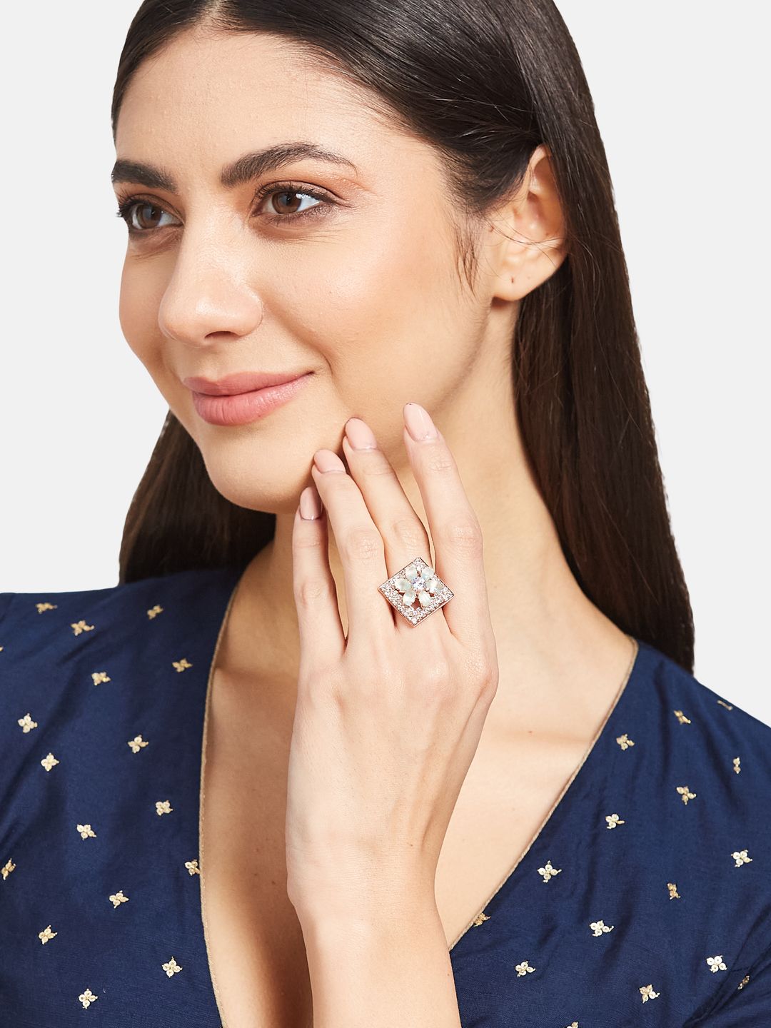 ATIBELLE Rose Gold-Plated CZ-Studded Adjustable Finger Ring