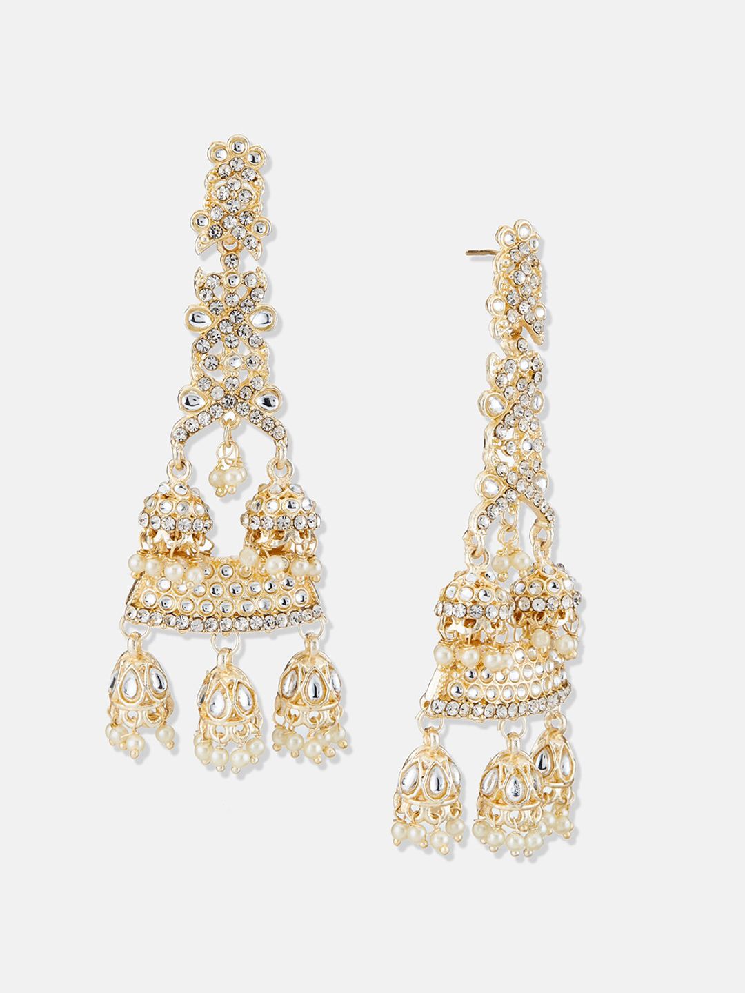 ATIBELLE Gold-Plated Kundan-Studded & Beaded Jhumkas