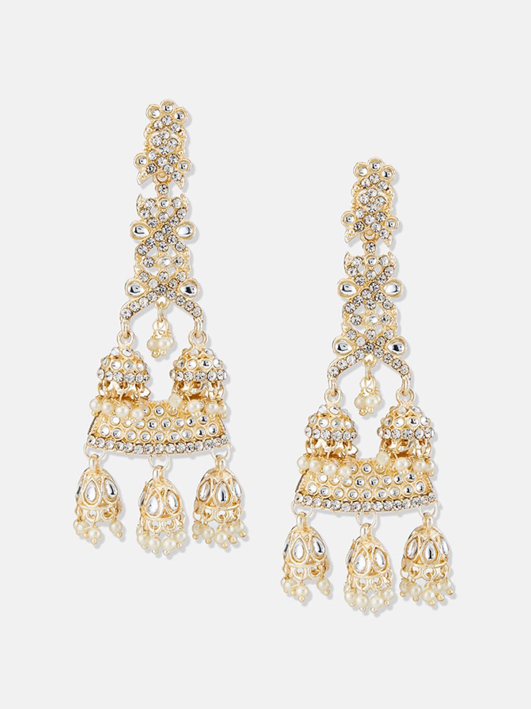 ATIBELLE Gold-Plated Kundan-Studded & Beaded Jhumkas