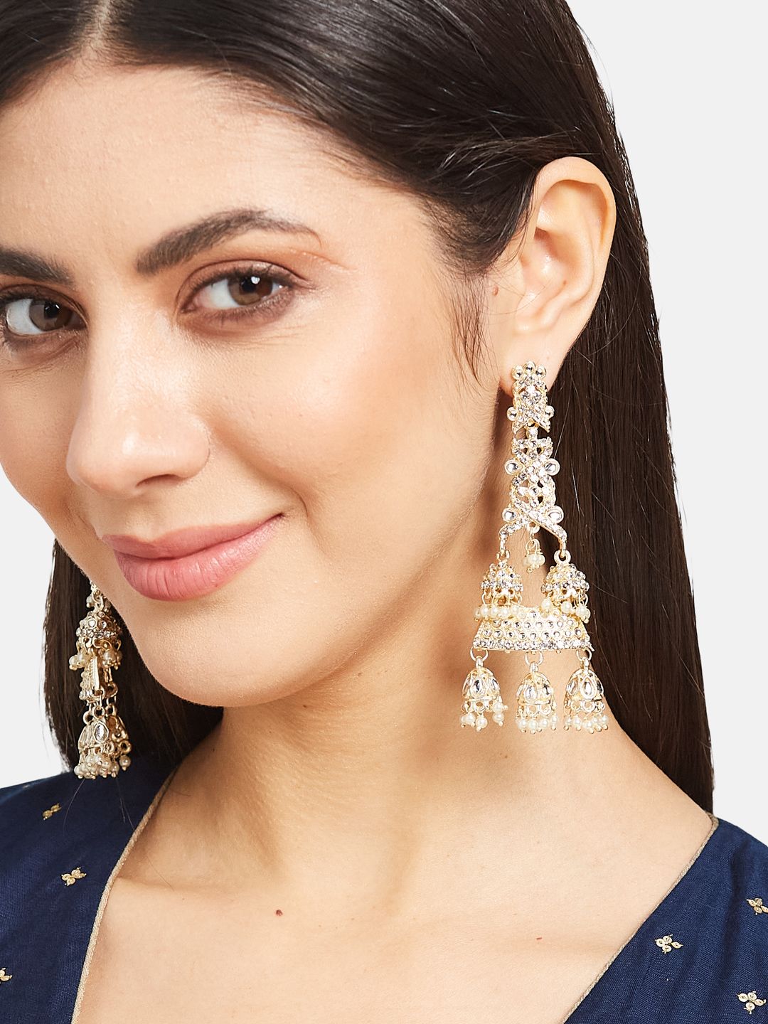ATIBELLE Gold-Plated Kundan-Studded & Beaded Jhumkas