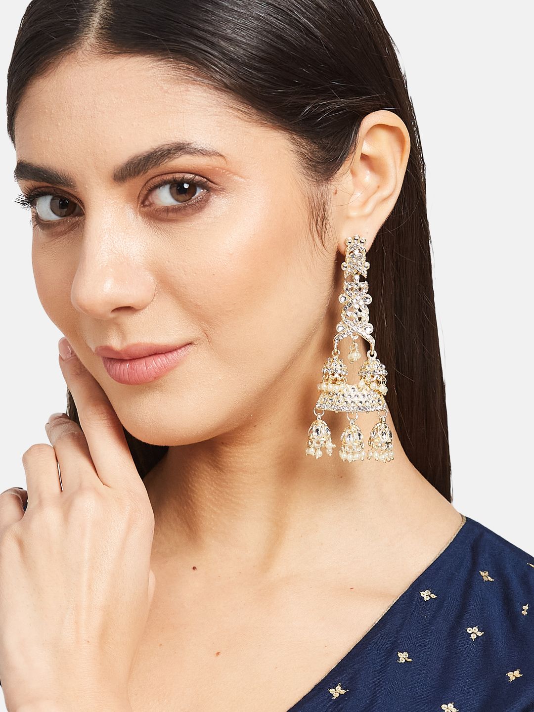 ATIBELLE Gold-Plated Kundan-Studded & Beaded Jhumkas