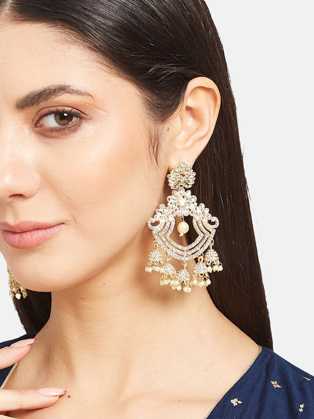 ATIBELLE Gold-Plated Kundan-Studded & Beaded Chandbalis