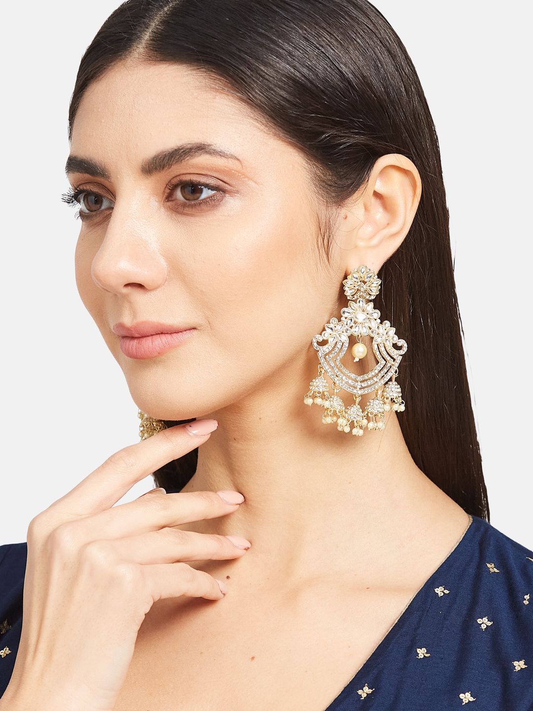 ATIBELLE Gold-Plated Kundan-Studded & Beaded Chandbalis