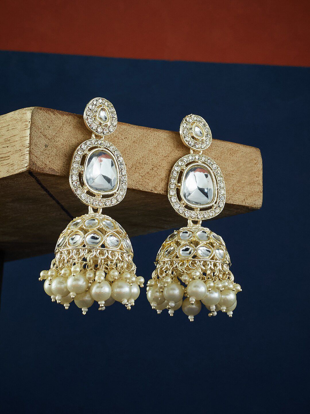 ATIBELLE Gold-Plated Kundan Studded Contemporary Jhumkas Earrings