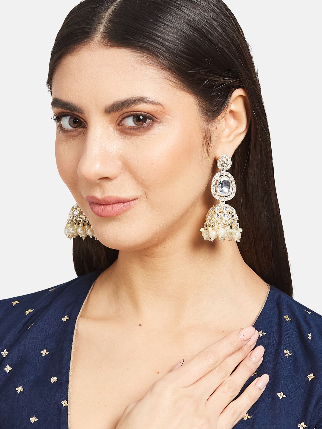 ATIBELLE Gold-Plated Kundan Studded Contemporary Jhumkas Earrings