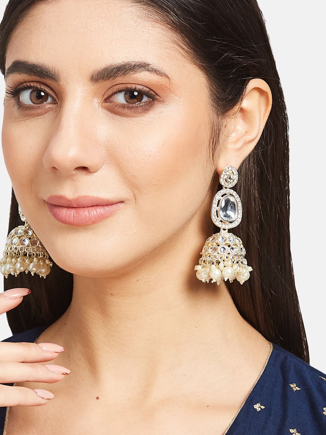 ATIBELLE Gold-Plated Kundan Studded Contemporary Jhumkas Earrings