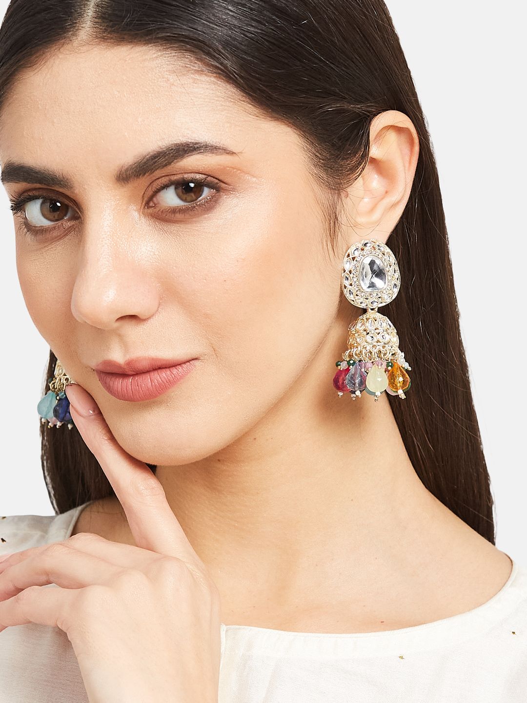 ATIBELLE Gold-Plated Kundan Studded Dome Shaped Jhumkas Earrings