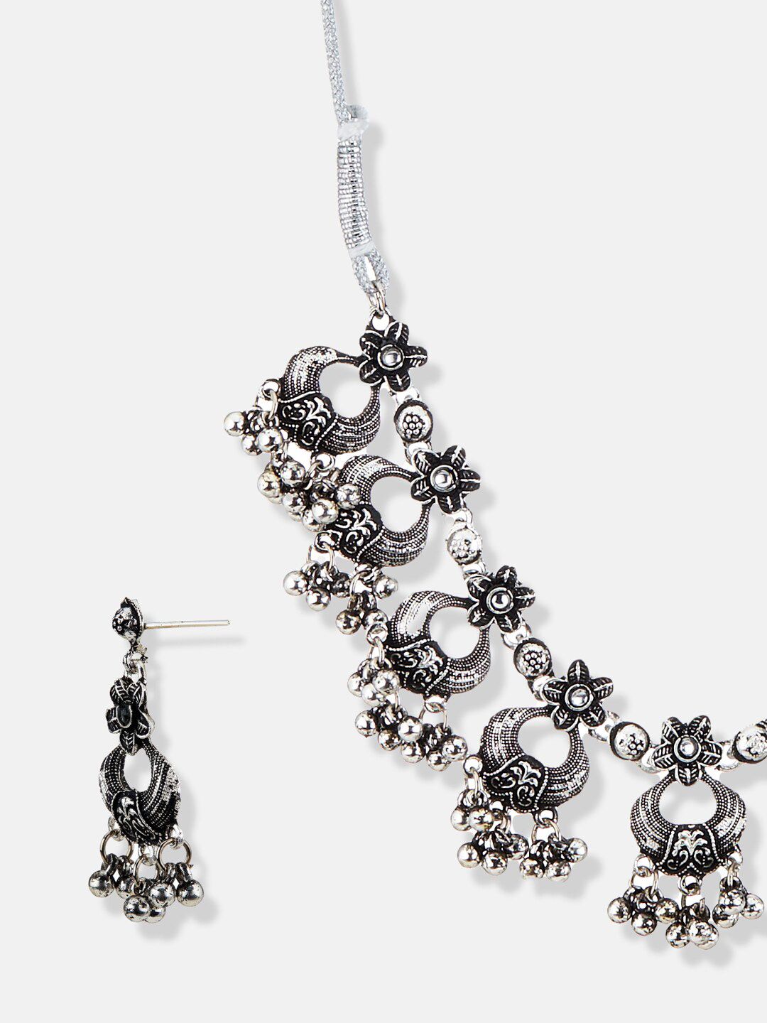 ATIBELLE Silver-Plated Stone Studded Floral Necklace & Earrings