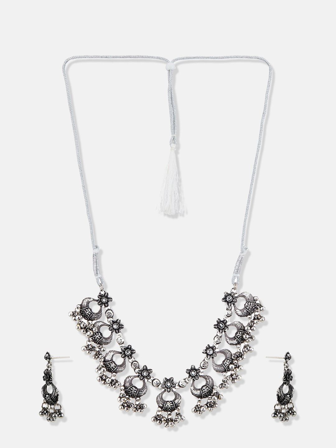 ATIBELLE Silver-Plated Stone Studded Floral Necklace & Earrings