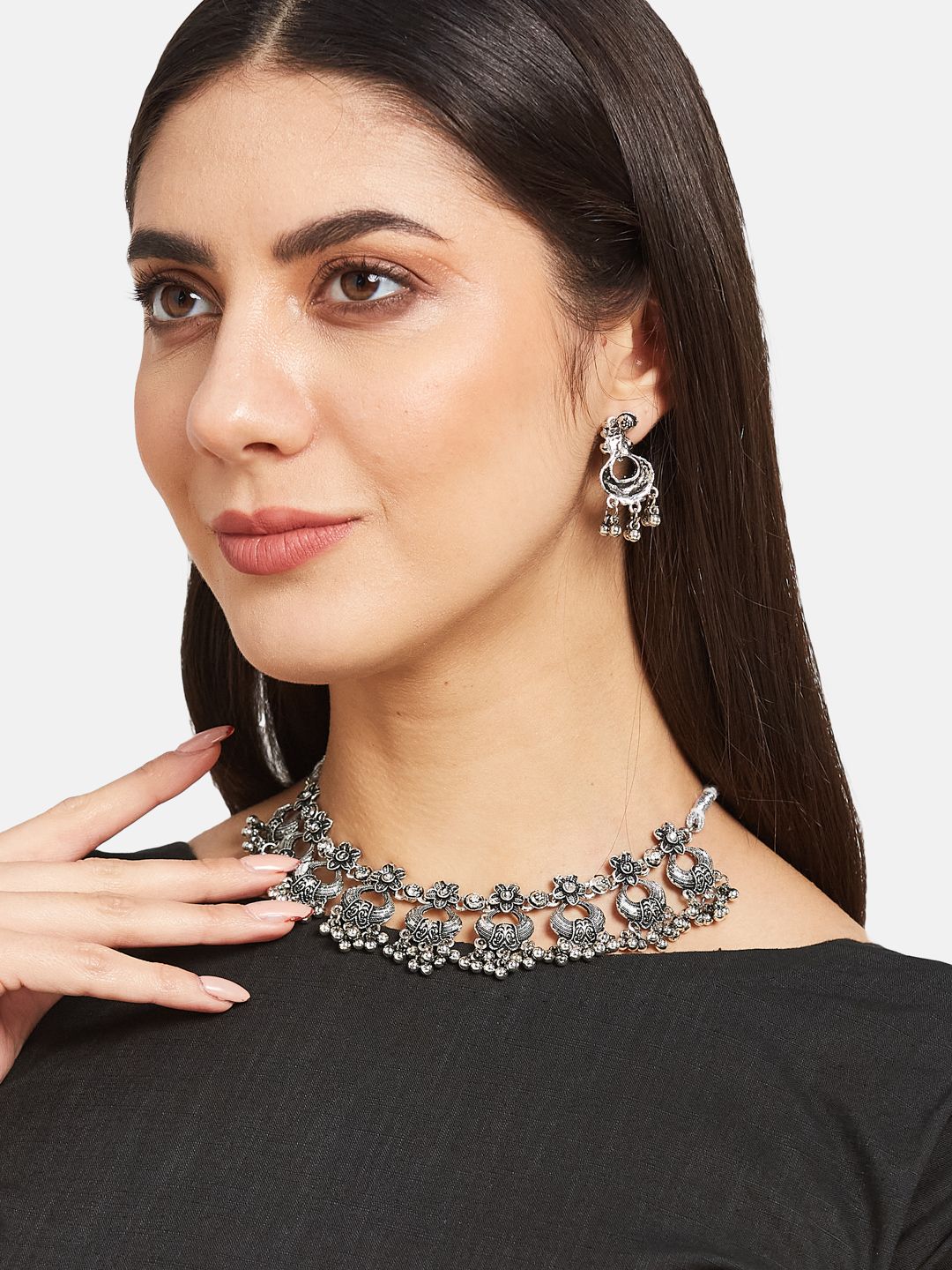 ATIBELLE Silver-Plated Stone Studded Floral Necklace & Earrings
