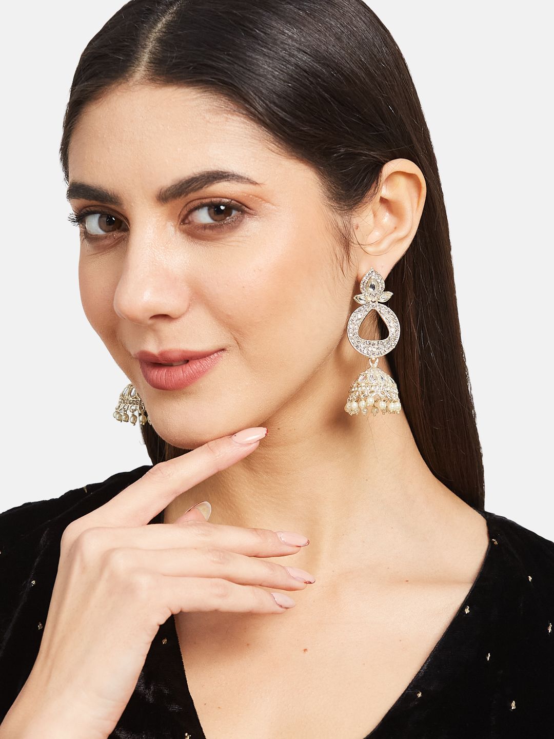 ATIBELLE Gold-Plated Kundan Studded Contemporary Jhumkas Earrings