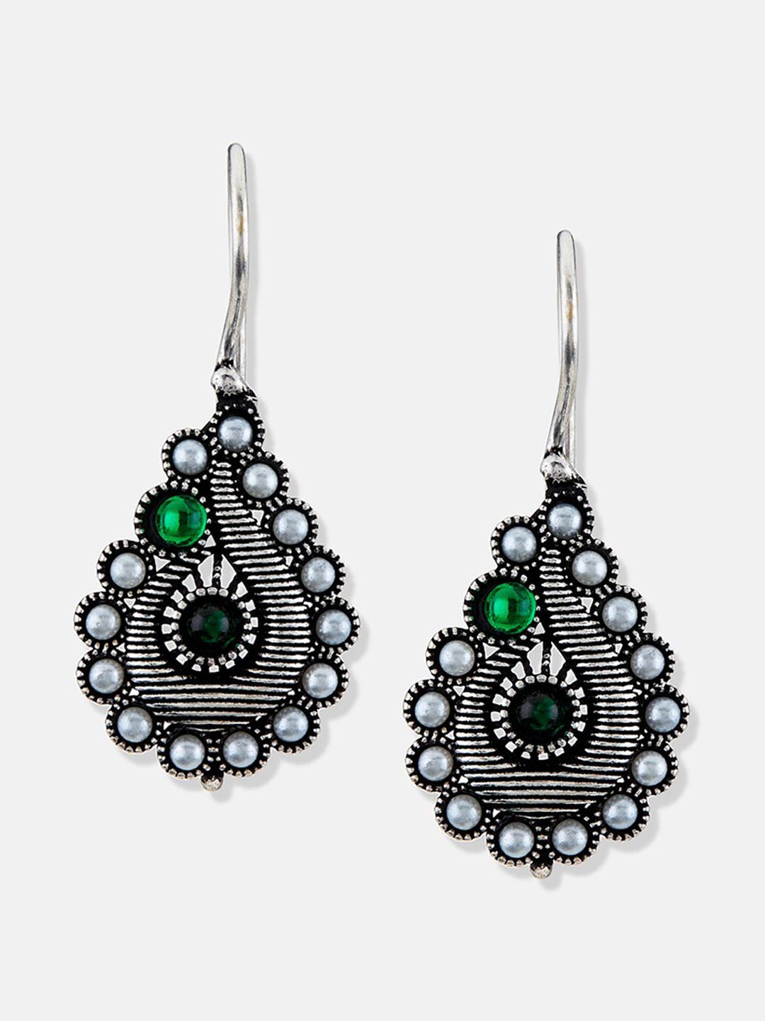 ATIBELLE German Silver Silver-Plated Studded and Beaded Contemporary Drop Earrings