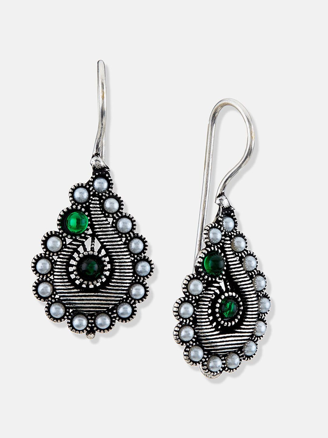 ATIBELLE German Silver Silver-Plated Studded and Beaded Contemporary Drop Earrings