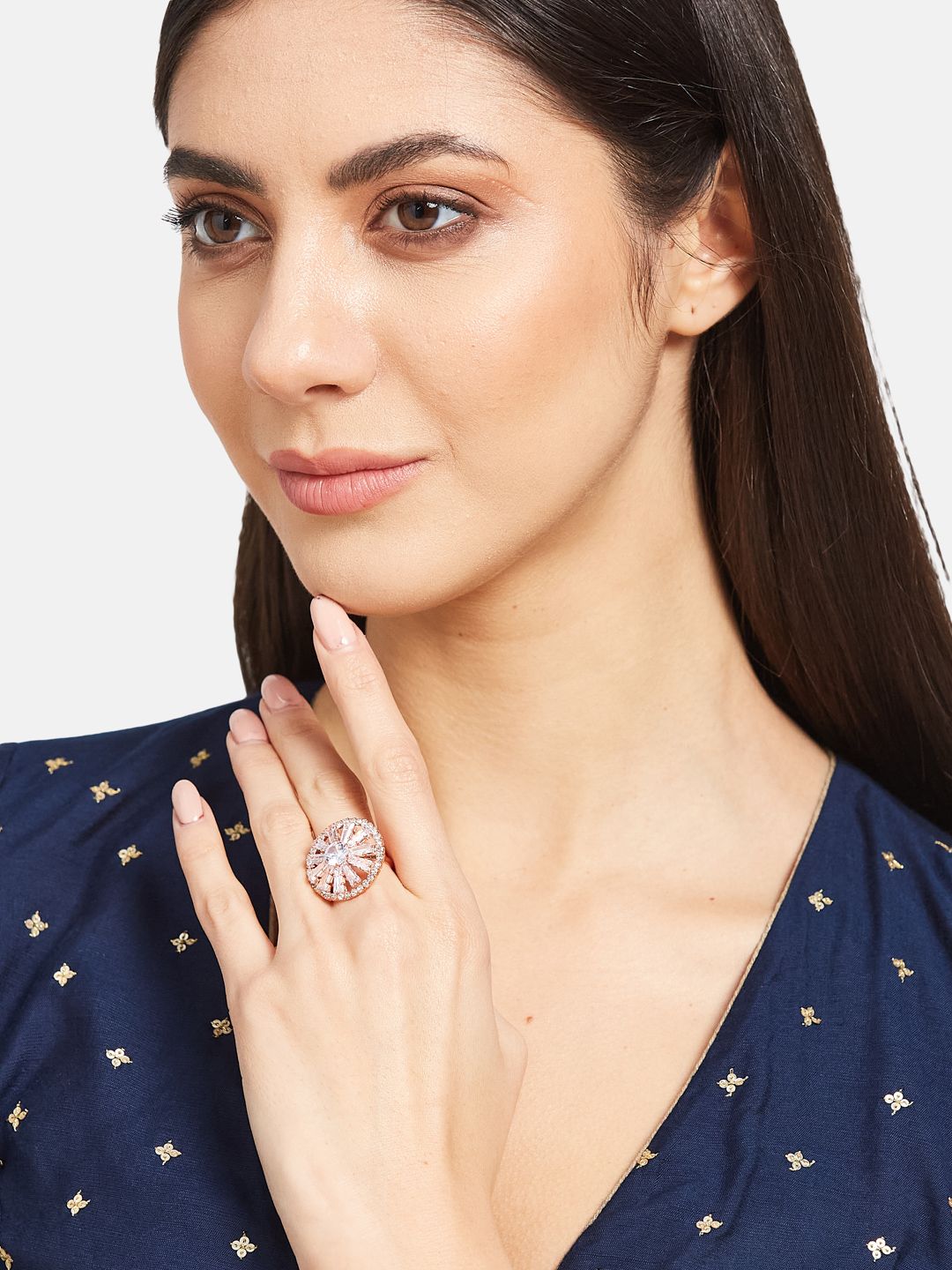 ATIBELLE Rose Gold-Plated Stone-Studded Adjustable Finger Ring