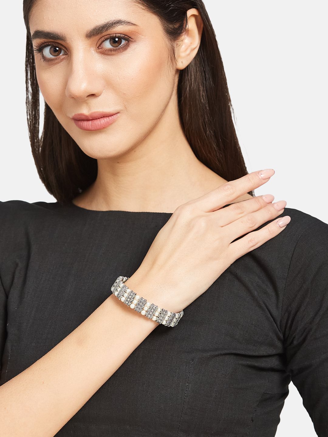 ATIBELLE Silver-Plated Pearl Beaded Adjustable Bangle-Style Bracelet
