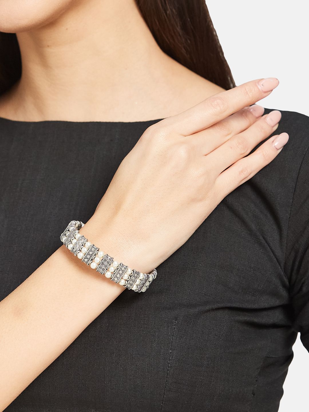 ATIBELLE Silver-Plated Pearl Beaded Adjustable Bangle-Style Bracelet
