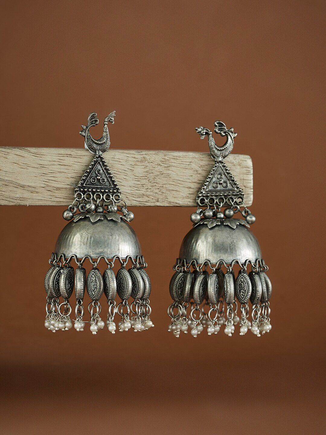 ATIBELLE German Silver Silver-Plated Studded and Beaded Peacock Shaped Jhumkas Earrings