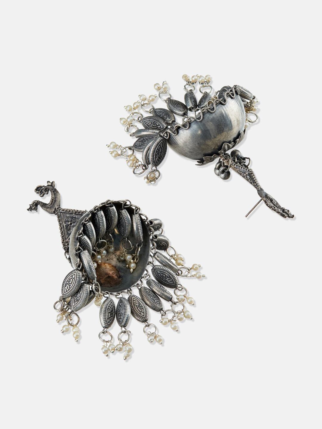 ATIBELLE German Silver Silver-Plated Studded and Beaded Peacock Shaped Jhumkas Earrings