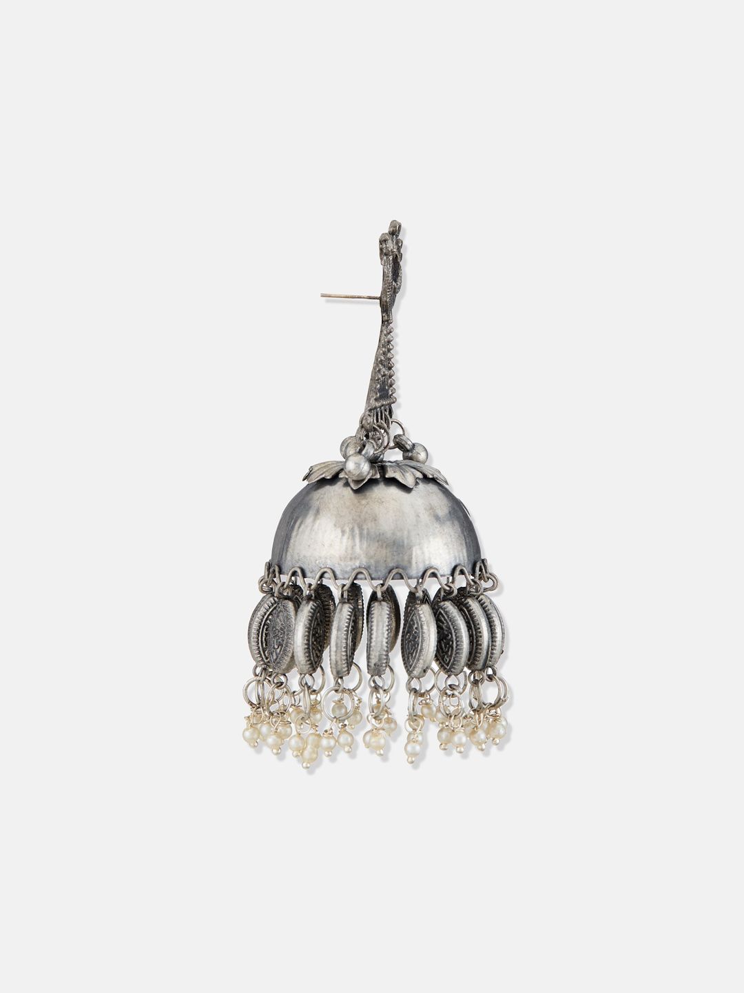 ATIBELLE German Silver Silver-Plated Studded and Beaded Peacock Shaped Jhumkas Earrings